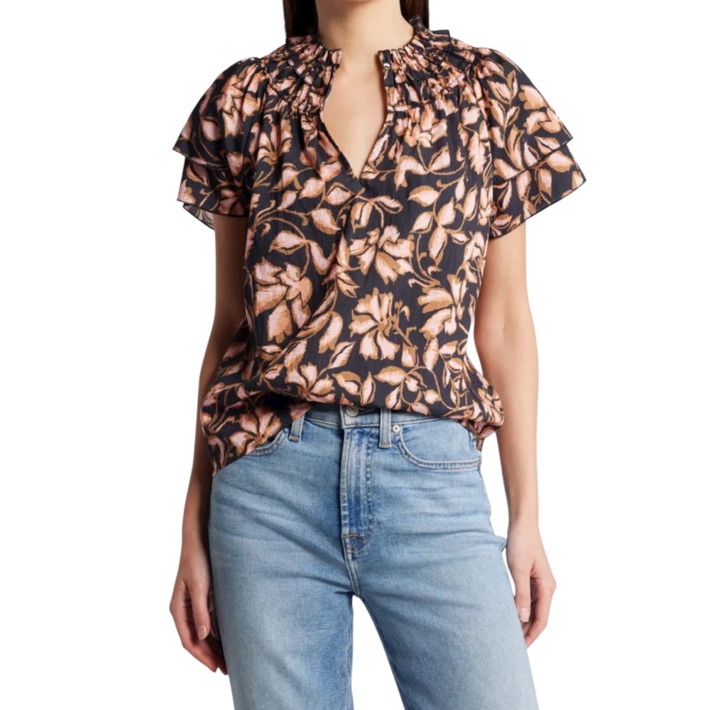 Rails Kamila Jasmine Floral Ruffle Neck Blouse Black Pink Size Small New